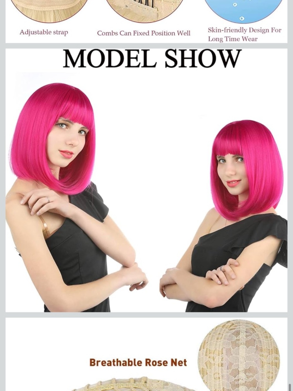 Short Bob Hair Wigs 12" Straight with Flat Bangs Synthetic Hot Pink - Picture 7 of 8